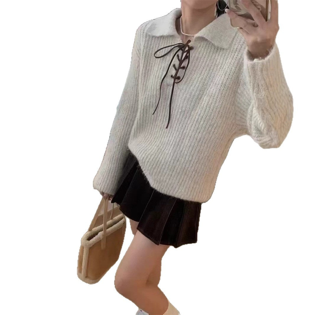 Loose Top Vintage Lace-up Polo Collar Women's Sweater