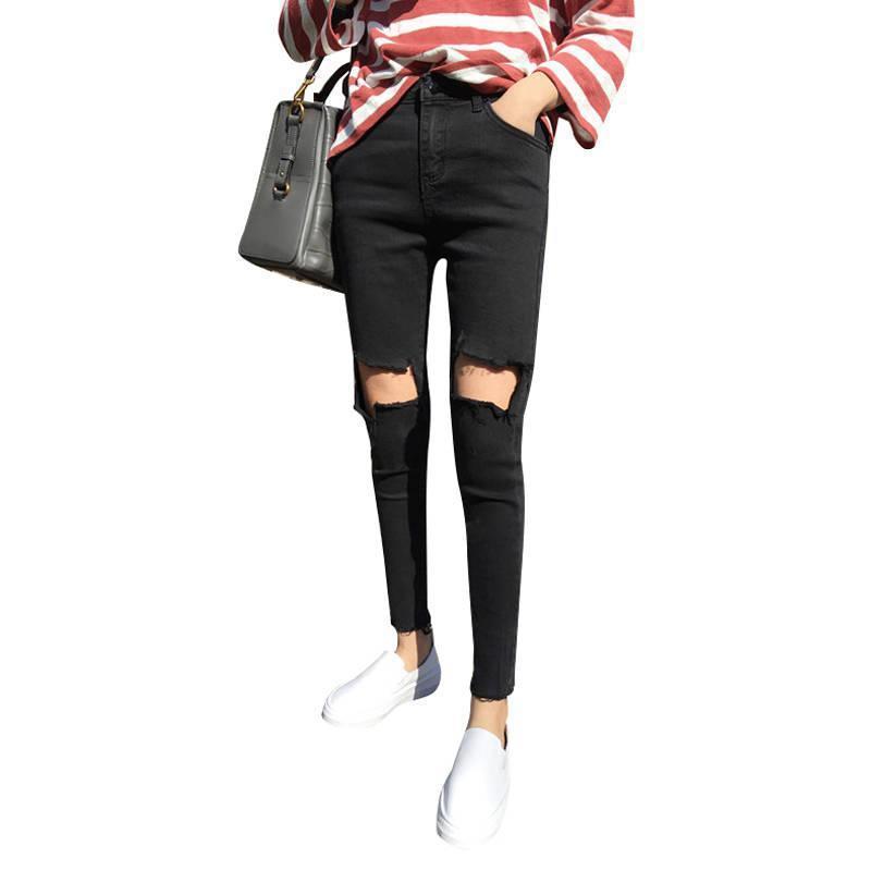 Female ripped skinny black beggar pencil pants