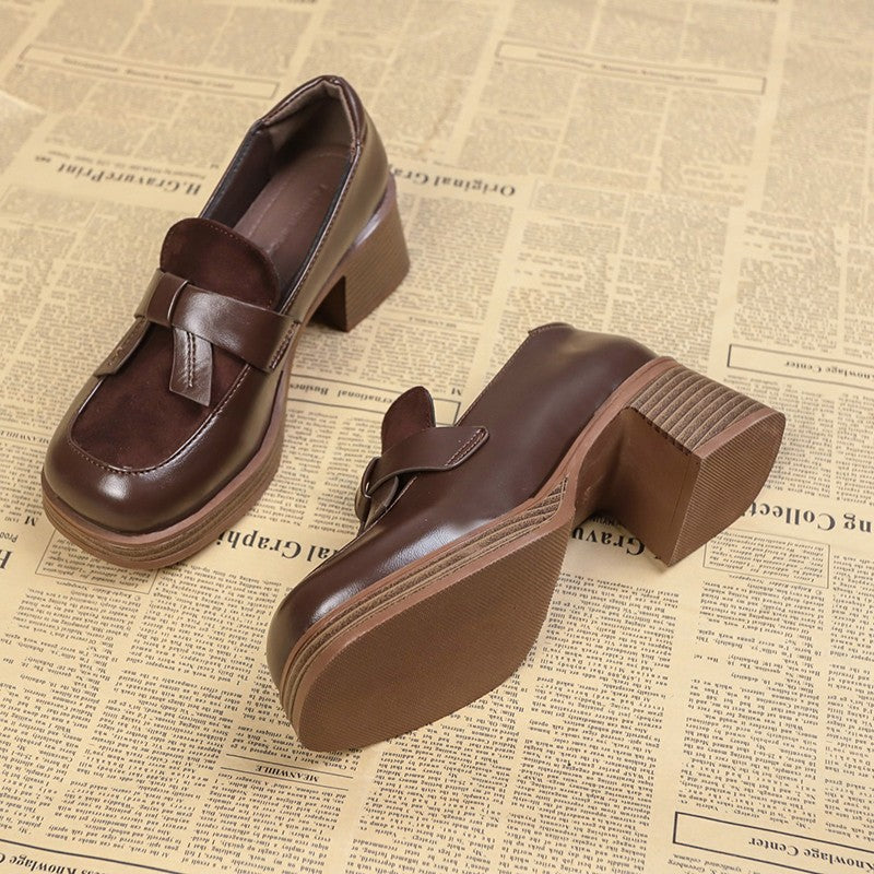 British Style Women's Women's Thick Heel Brown Leather Shoes
