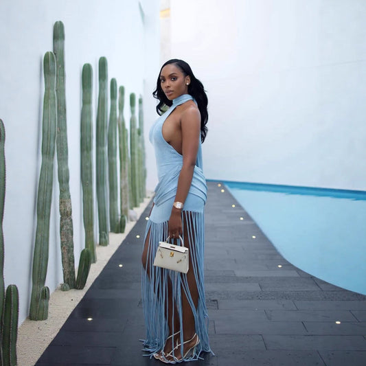 Womens Halterneck Backless Fringe Sexy Bodycon Dress