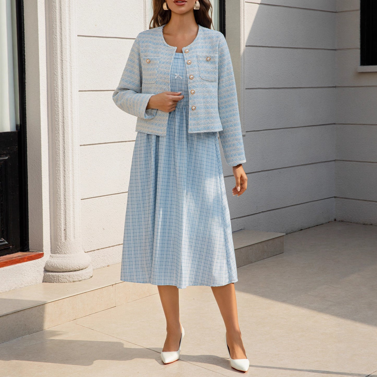 French-style Women's Elegant Tweed Jacket With Plaid Countryside Dress Set