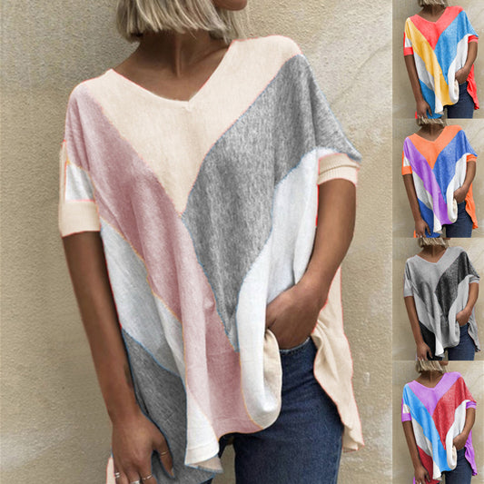 Women's V Neck Colorblock Print T Shirt Loose Casual Top