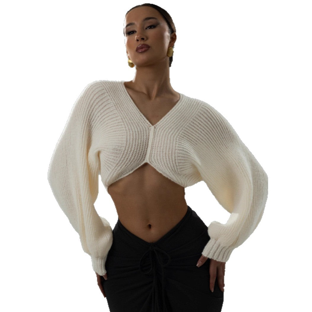 V-neck Midriff-baring Short Temperamental Knitted Sweater