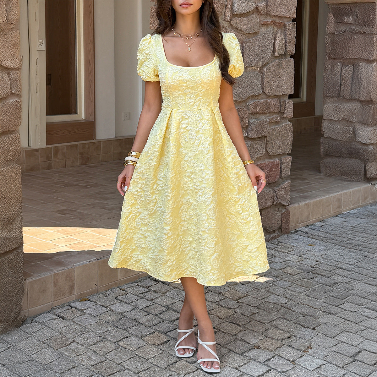 Elegant High-waisted A-line Dress With Puff Sleeves That Create A Slimming Elongating Look