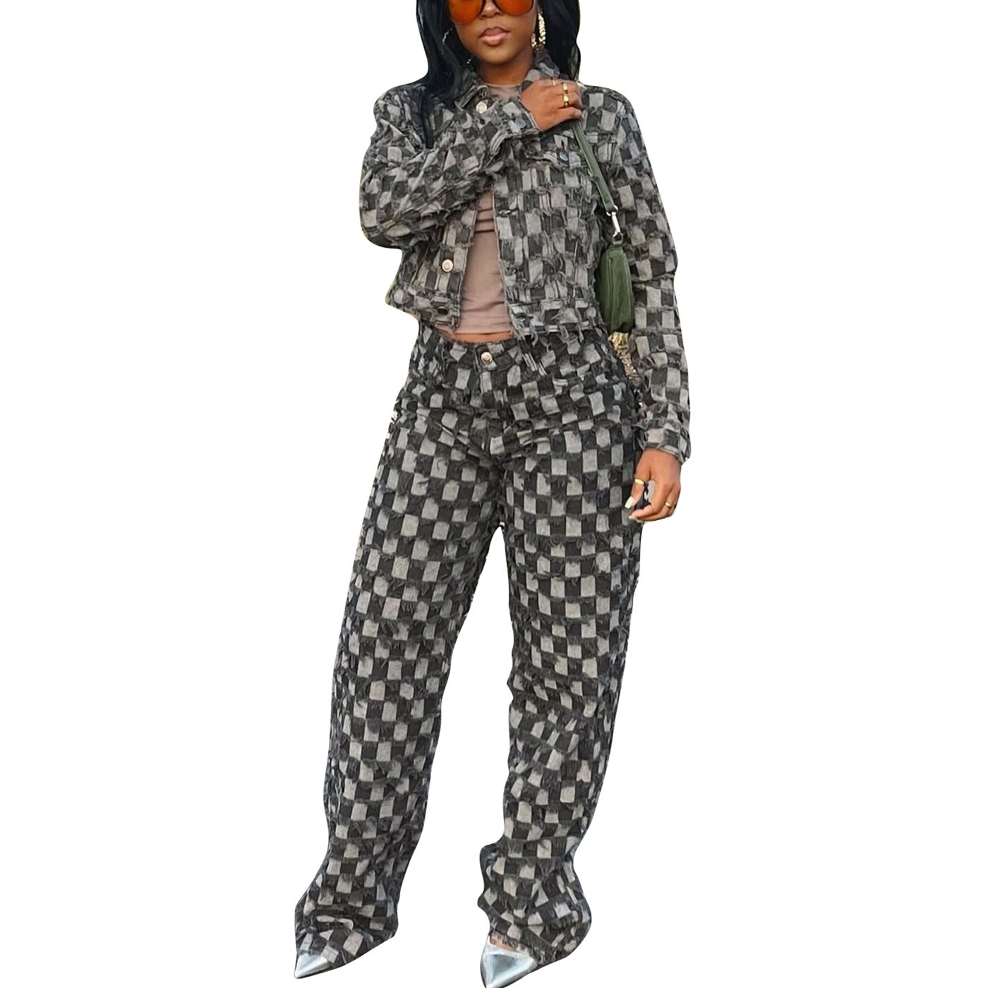 Casual Jacquard Plaid Washed Denim Suit