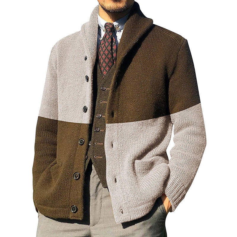 Men's Color-blocking Button Long-sleeved Knitted Jacket