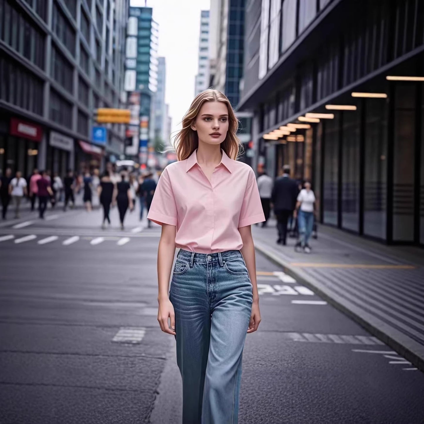 Solid-color Womens Short-sleeve Lapel Blouse