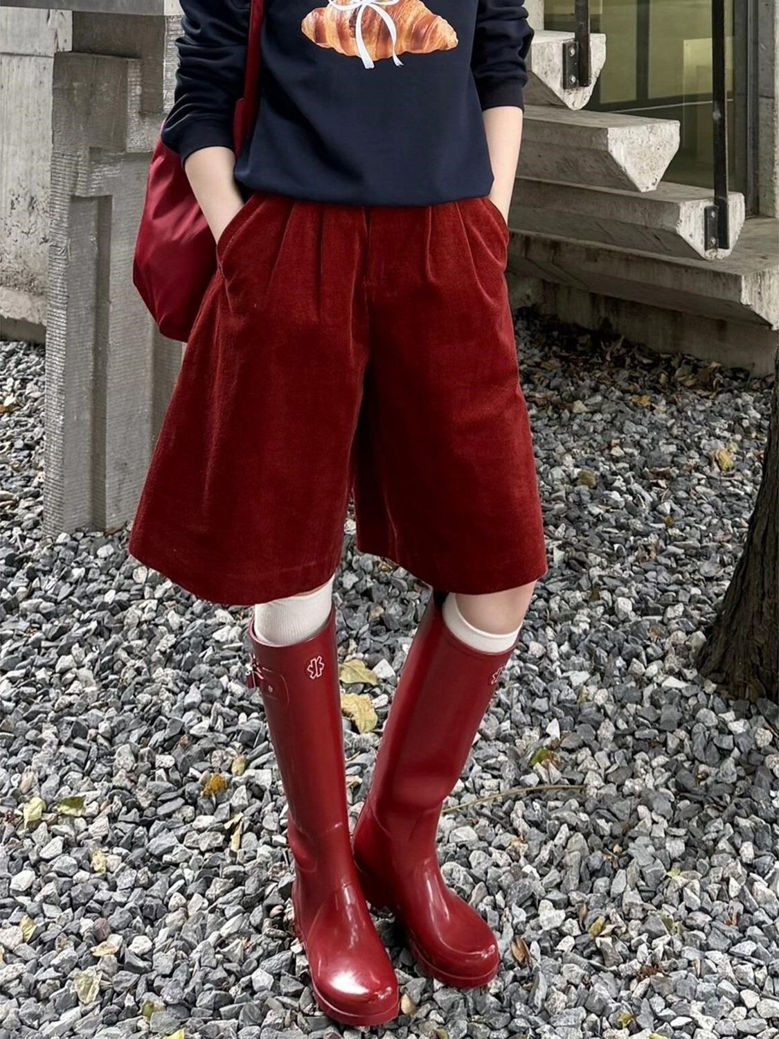 Stylish, High-end Red Corduroy Mid-length Pants