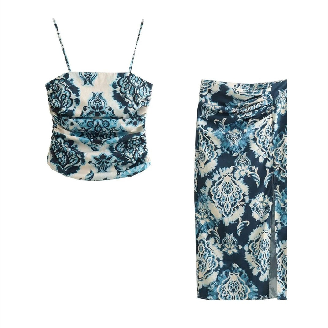 Women's Sling Pleated Print Sling Skirt Suit