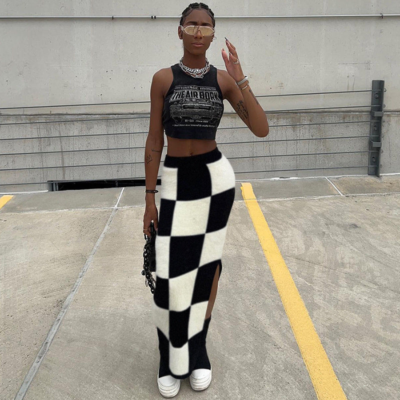 Fashion High Waist Figure Flattering Sheath Checkerboard Plaid Skirt For Women