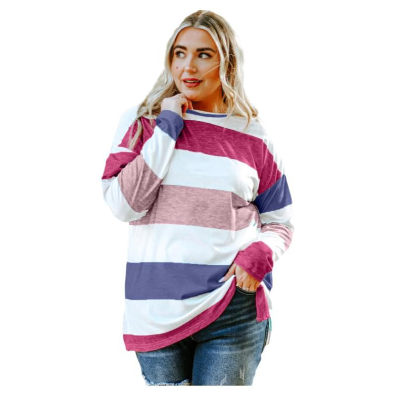 Green Plus Size Color Block Loose Long Sleeve Top