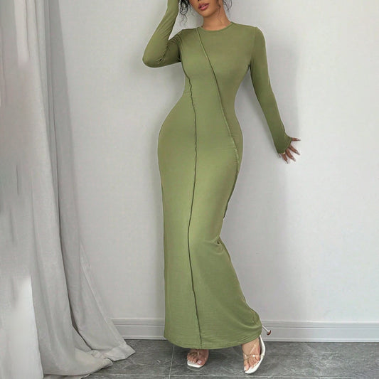 Casual Slim-fit Solid-color Long-sleeve Crew-neck Sheath Dress