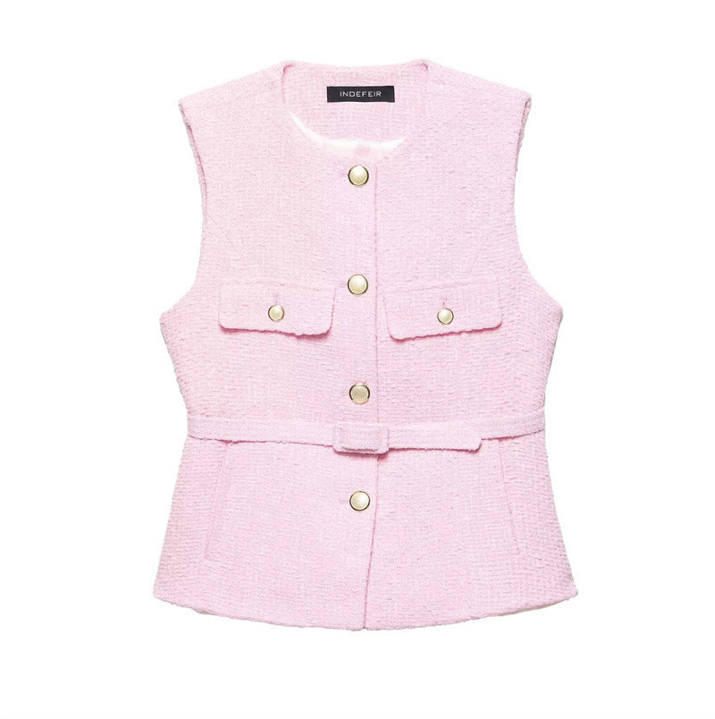 Spring New Casual Belt Vest Women's Clothing With Belt Texture Vest