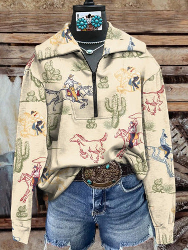 Autumn And Winter New Women's Retro Pattern Leisure Pullover Zipper Sweater