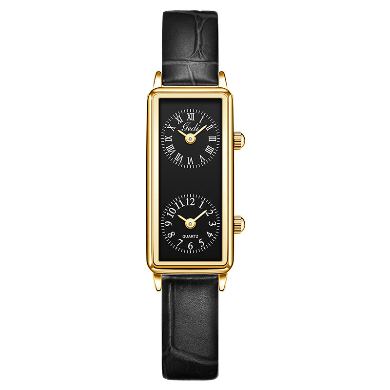 Creative Double Time Zone Business Niche Retro Rectangular High Sense Double Inserts Women's Quartz Watch