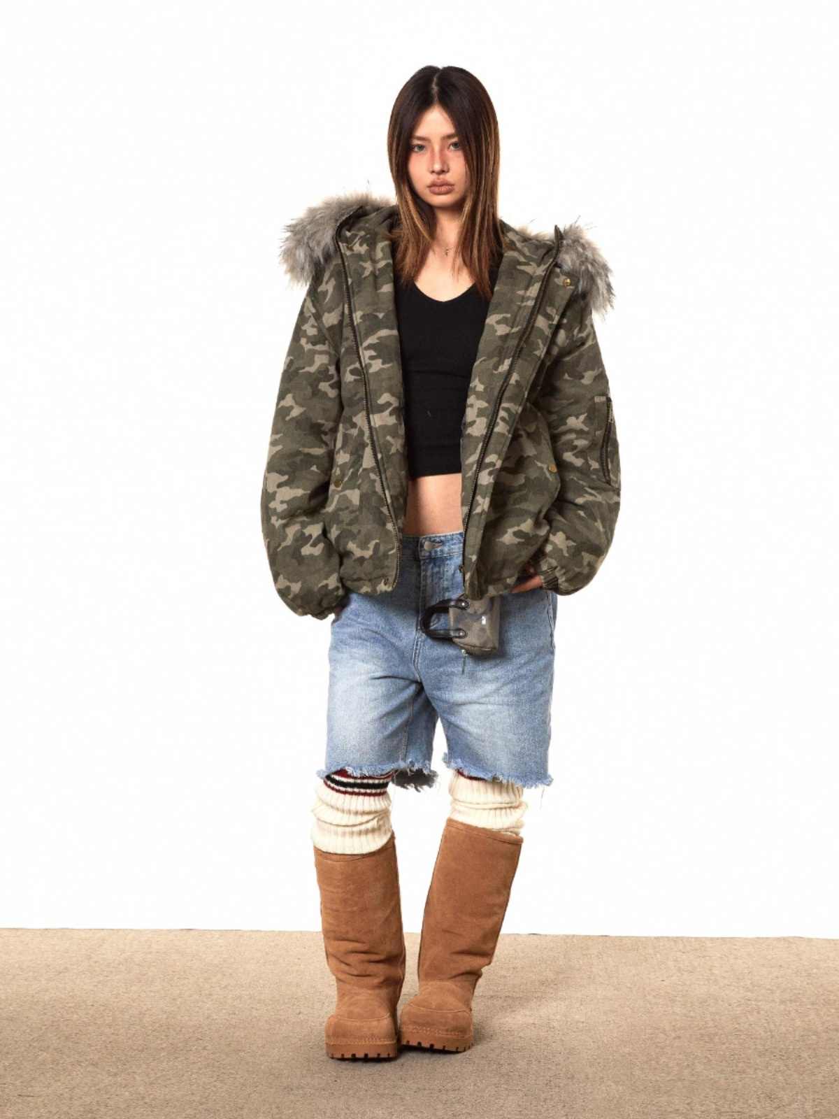 Hooded Loose Camouflage Fur Collar Detachable Cotton Jacket