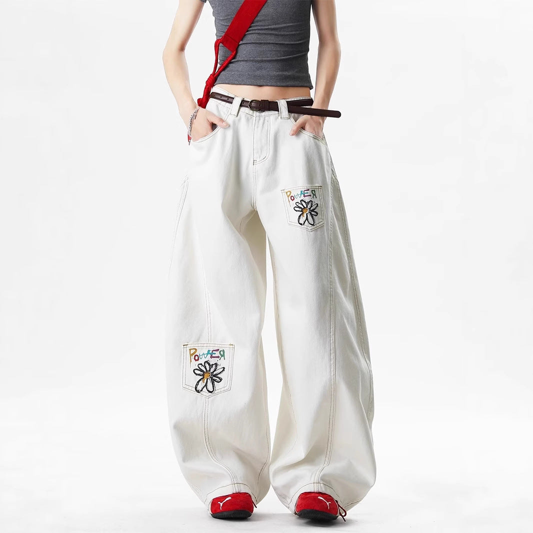 Women's American-style Retro Flower Embroidered Printed White Jeans