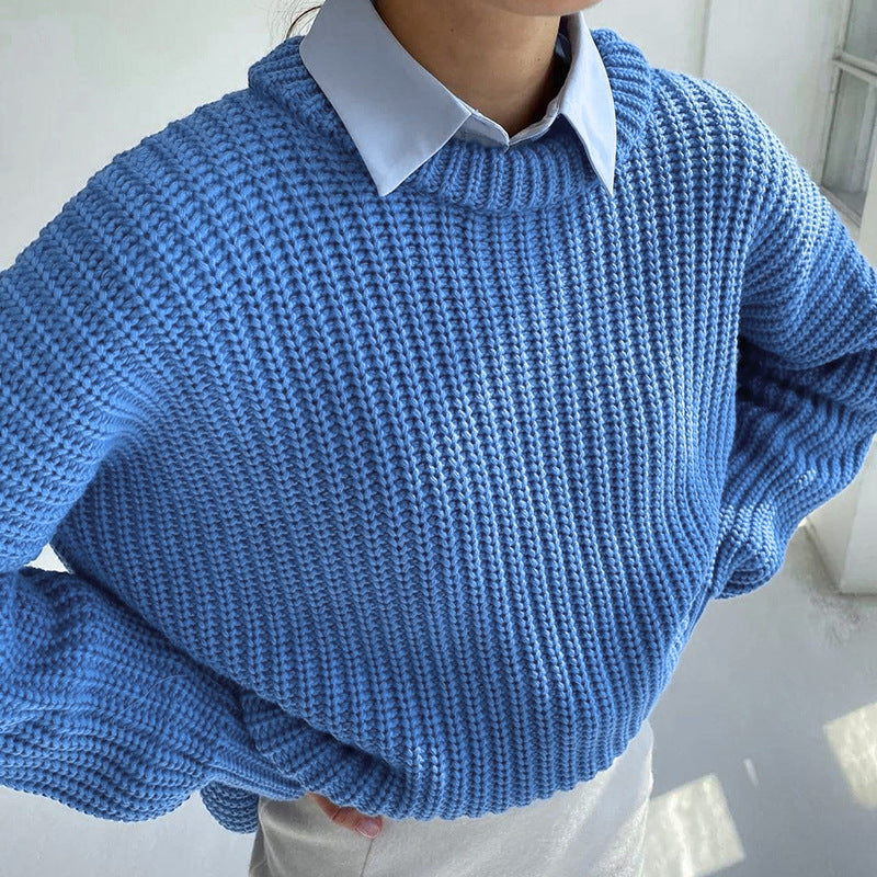 Relaxed-fit Crew-neck Solid-color Long-sleeve Laid-back Style