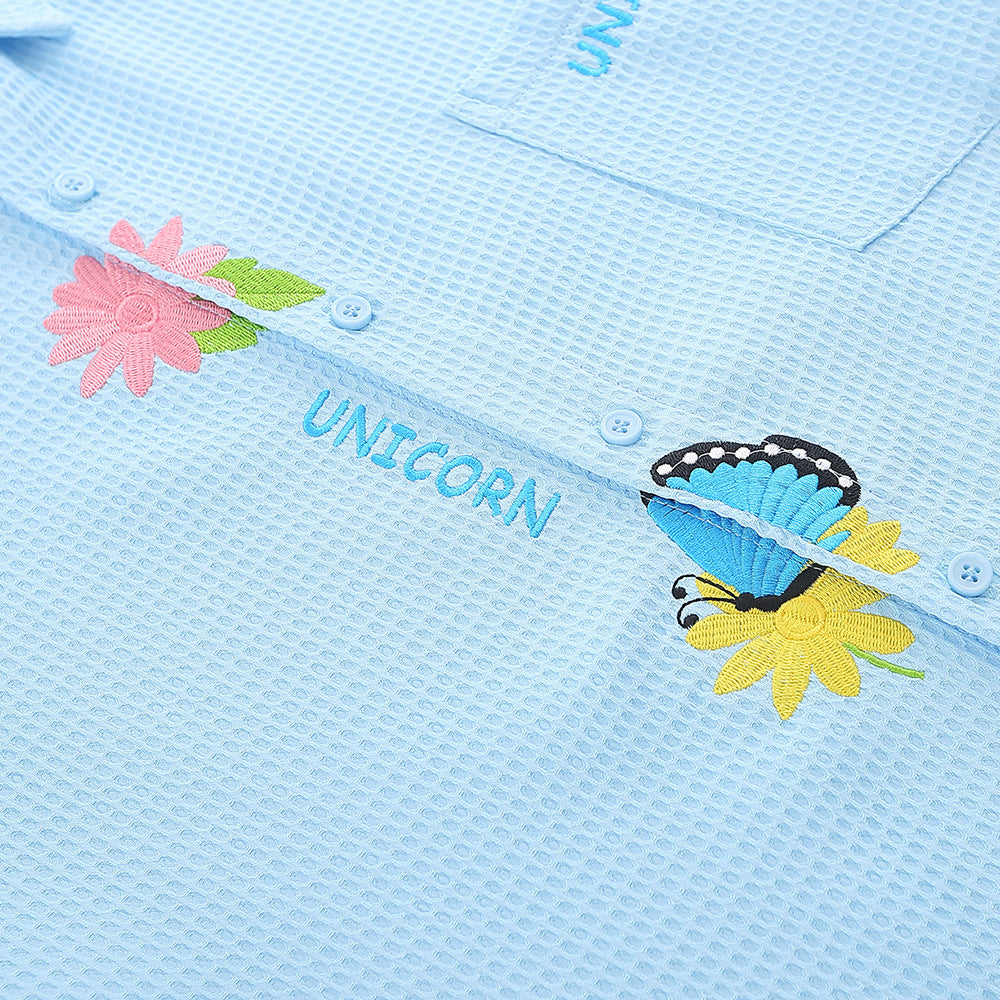 Simple Flower Embroidered Long-sleeved Men's Trendy Fashion Cardigan Casual Loose Waffle Lapel Shirt