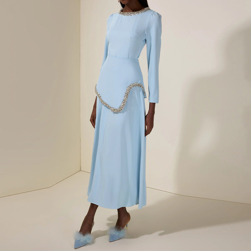 Rhinestone-Embellished Long-Sleeve Waist-Cinching High-Waist Skirt Set