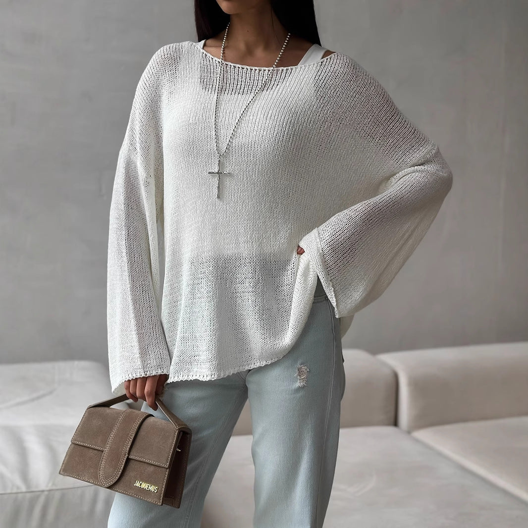 Women's Simple Solid Color Knitted Hollow-out Long-sleeved Sweater