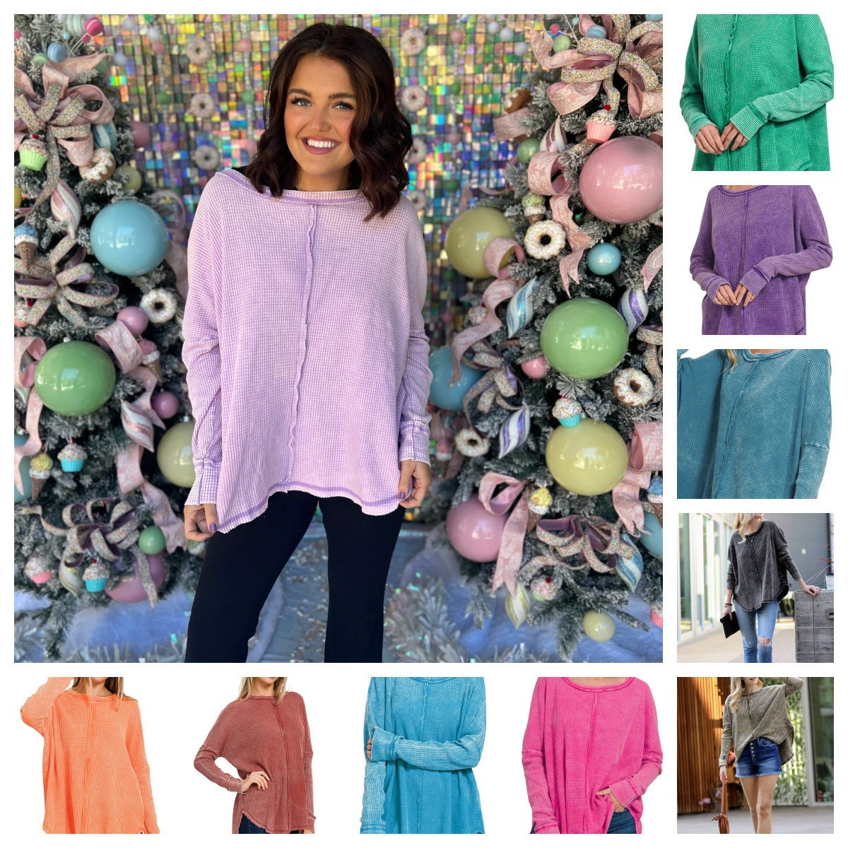 Women's Washed Waffle Back-stitched Long-sleeved Top