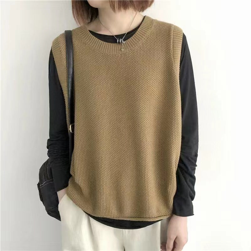 Women Sleeveless Vest Bandage Dress Outer Wear Solid Color Round Neck Vest