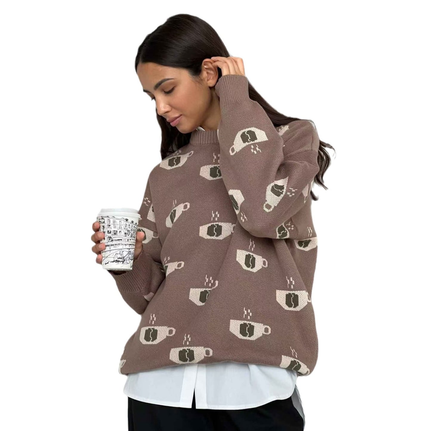 Women's Coffee Loose Long-sleeved Knitted Sweater