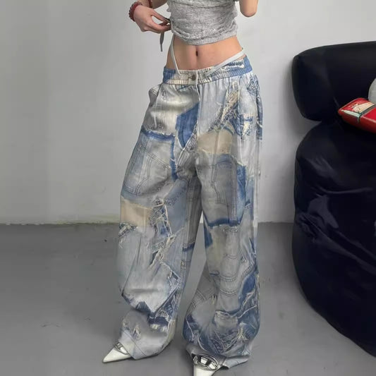 Women's Casual Straight Leg Loose Print Jeans