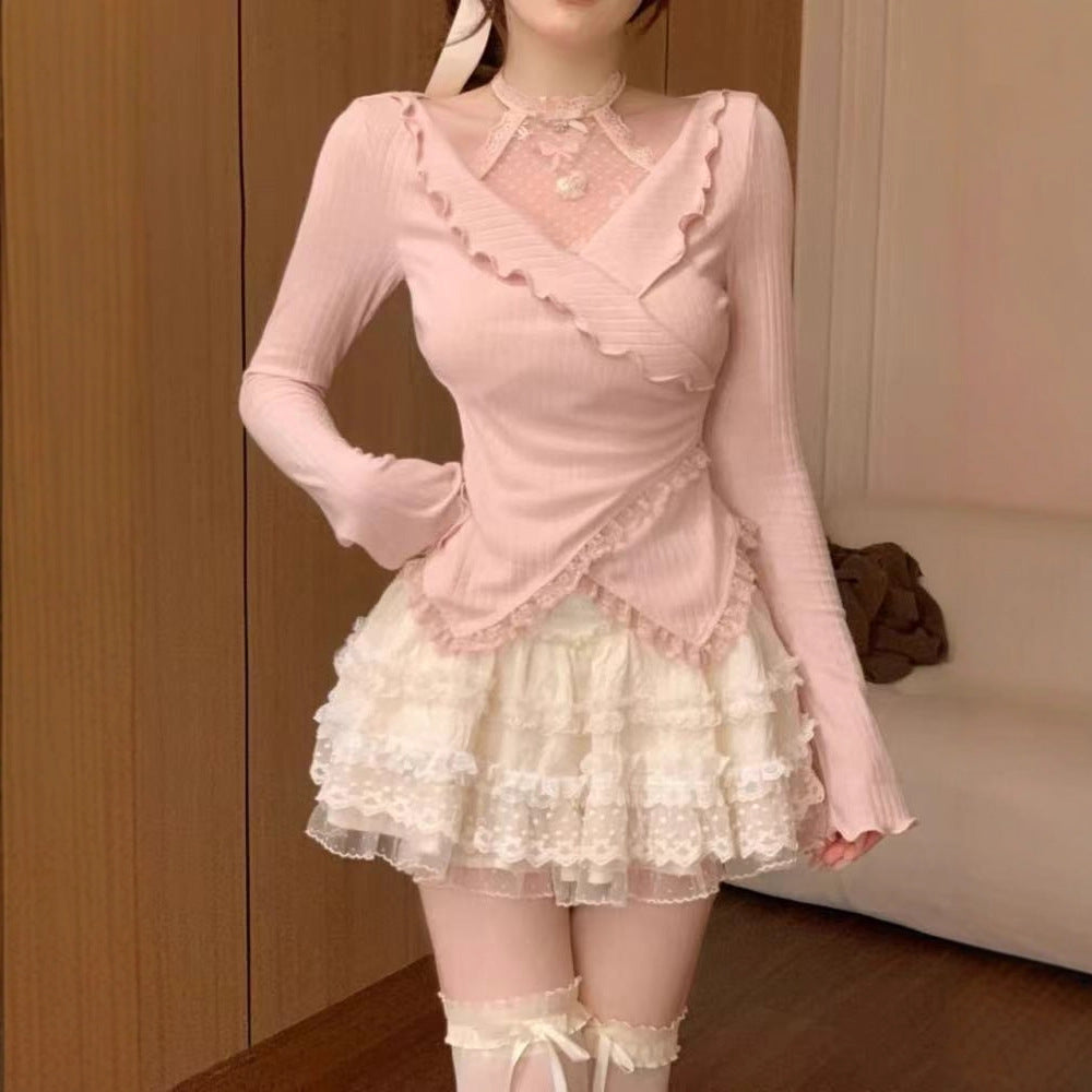 Womens Two Piece Set Asymmetrical Top Lace Skirt