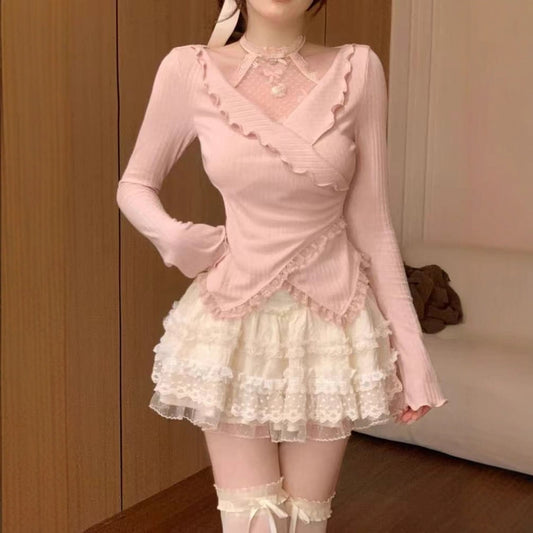 Womens Two Piece Set Asymmetrical Top Lace Skirt