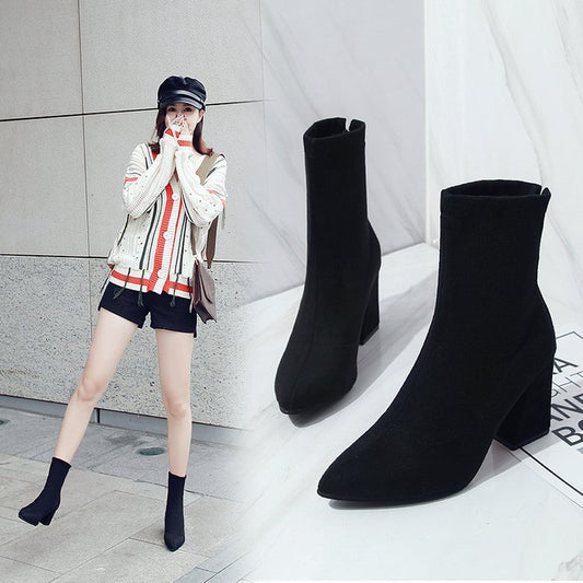 Black suede pointed toe heel high heel ankle boots