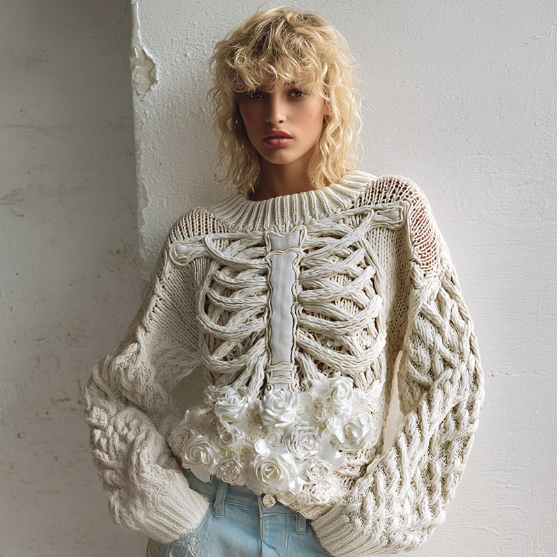 Womens 3D Digital-print Crew-neck Loose Sweater
