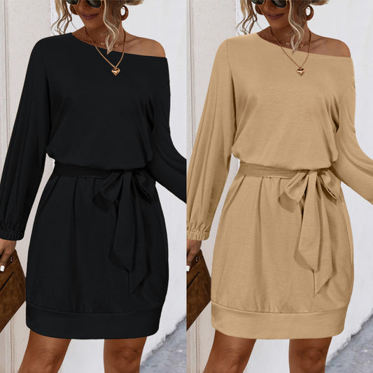Lantern-sleeve Off-shoulder Lace-up Dress
