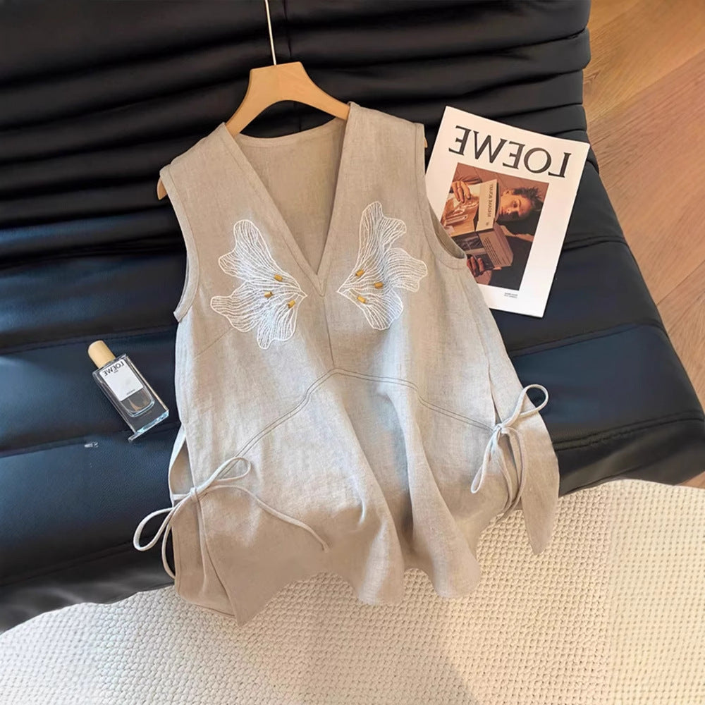 Laqian-stil broderet hørvest med V-udskæring til kvinder Sommer high-end alsidig løs slankende ærmeløs top