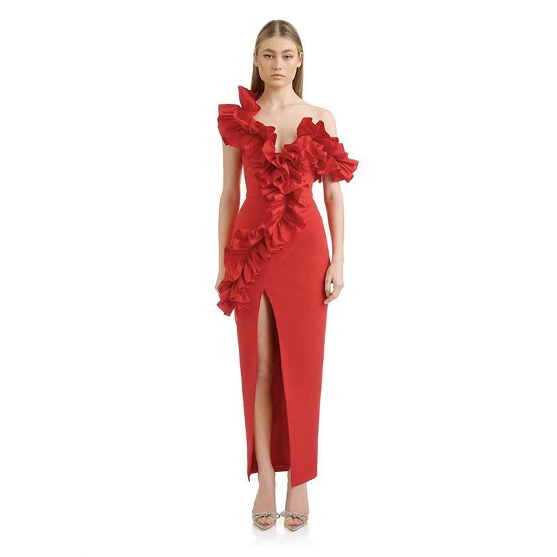 Multi-color One-shoulder Ruched Sexy Bandage Dress For Socialites