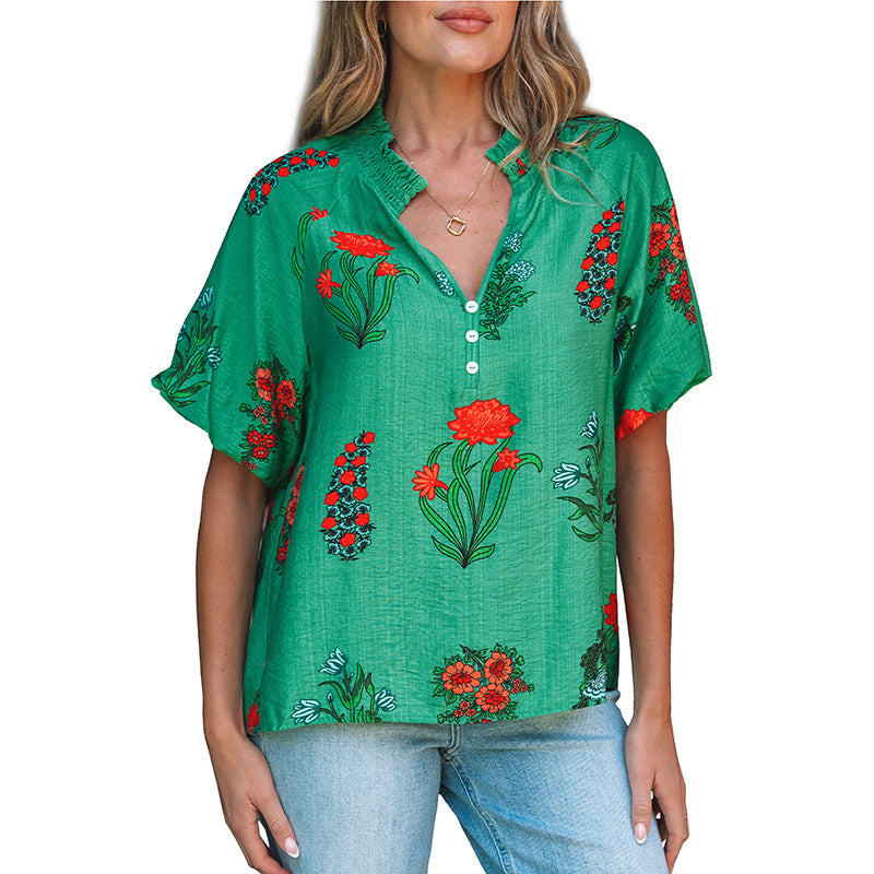 European And American Leisure Style Floral Print Loose Chiffon Shirt