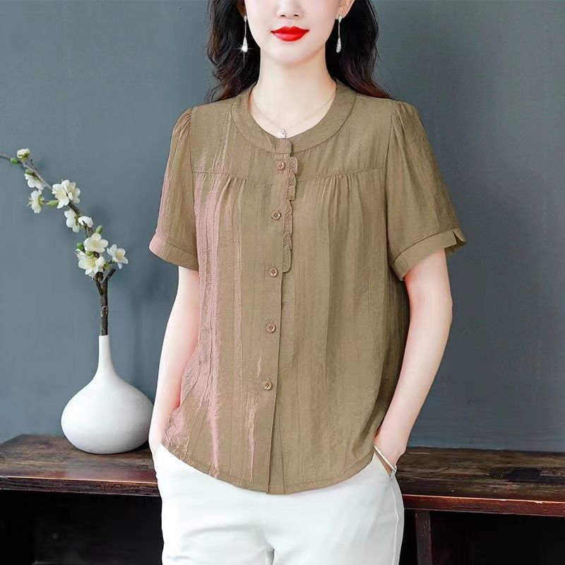Spring And Summer Simplicity Temperament Crew Neck Cotton Linen Shirt Women
