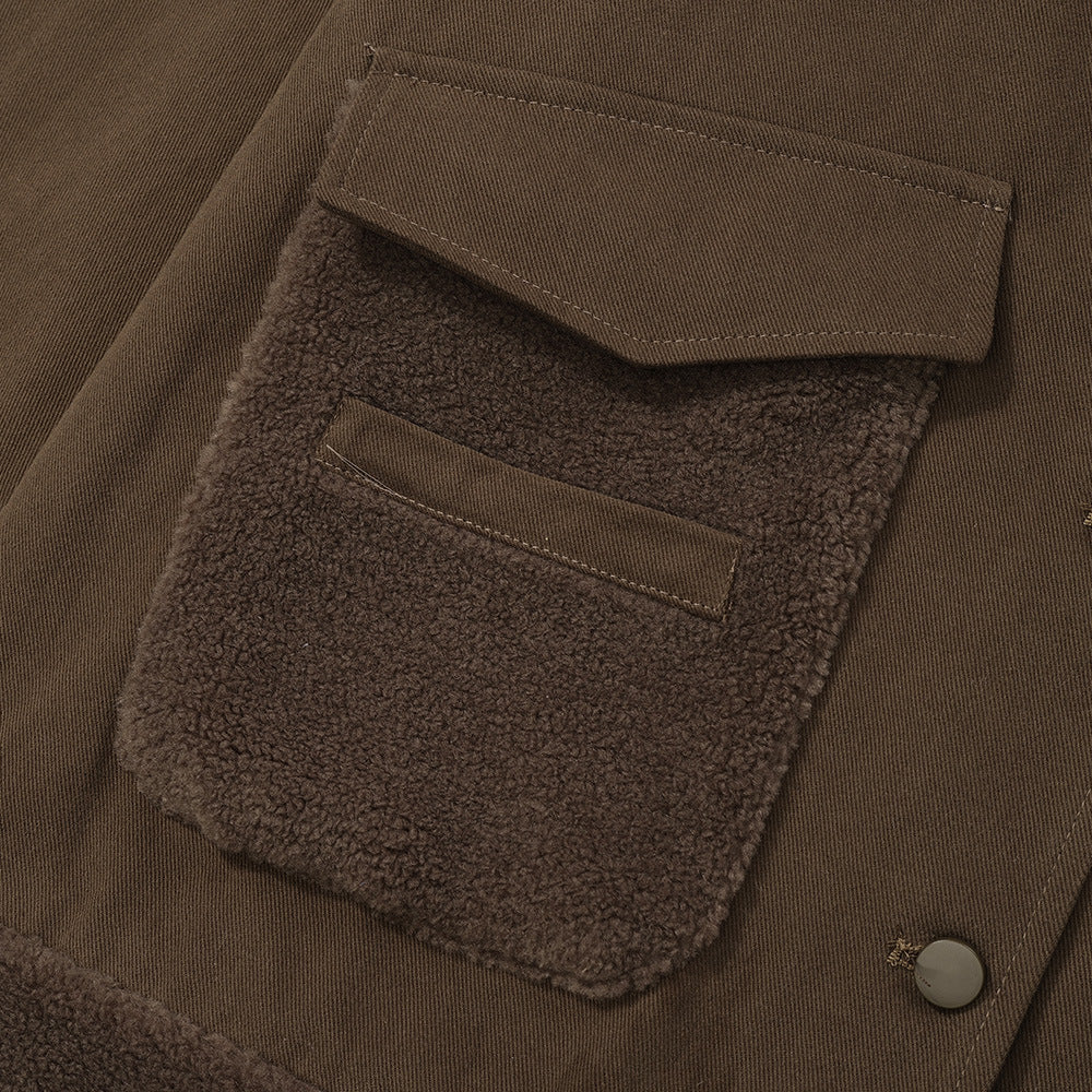 Contrast Color Pocket Stitching Lamb Wool Polo Collar Jacket