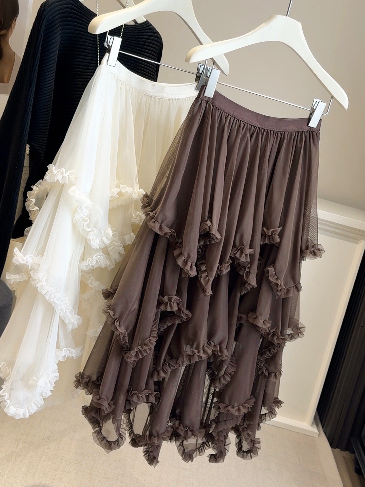Womens Fashion Irregular Ruffle Trim Mesh Skirt