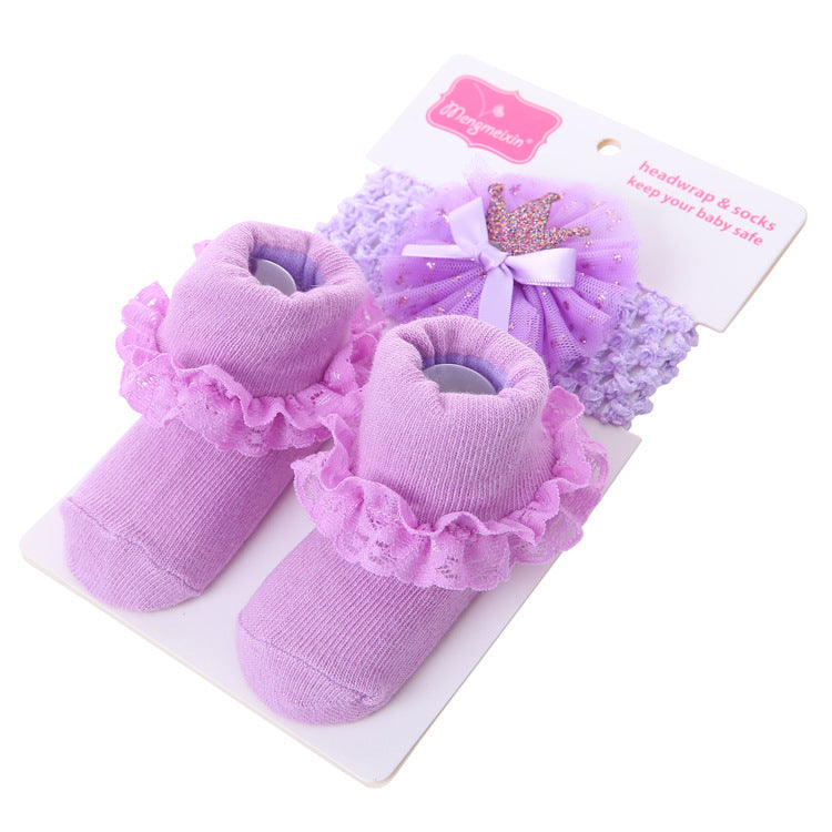 Solid Color Bow Lace Baby Socks Headband Set