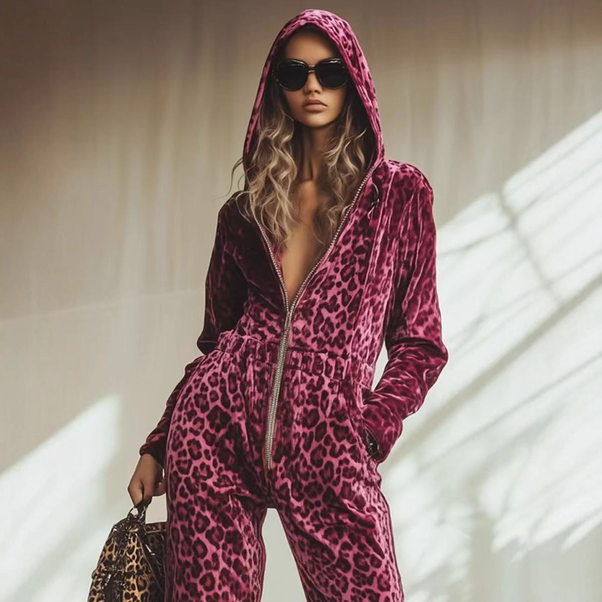 Womens Hooded Long-sleeve Leopard-print Jumpsuit With Long Pants
