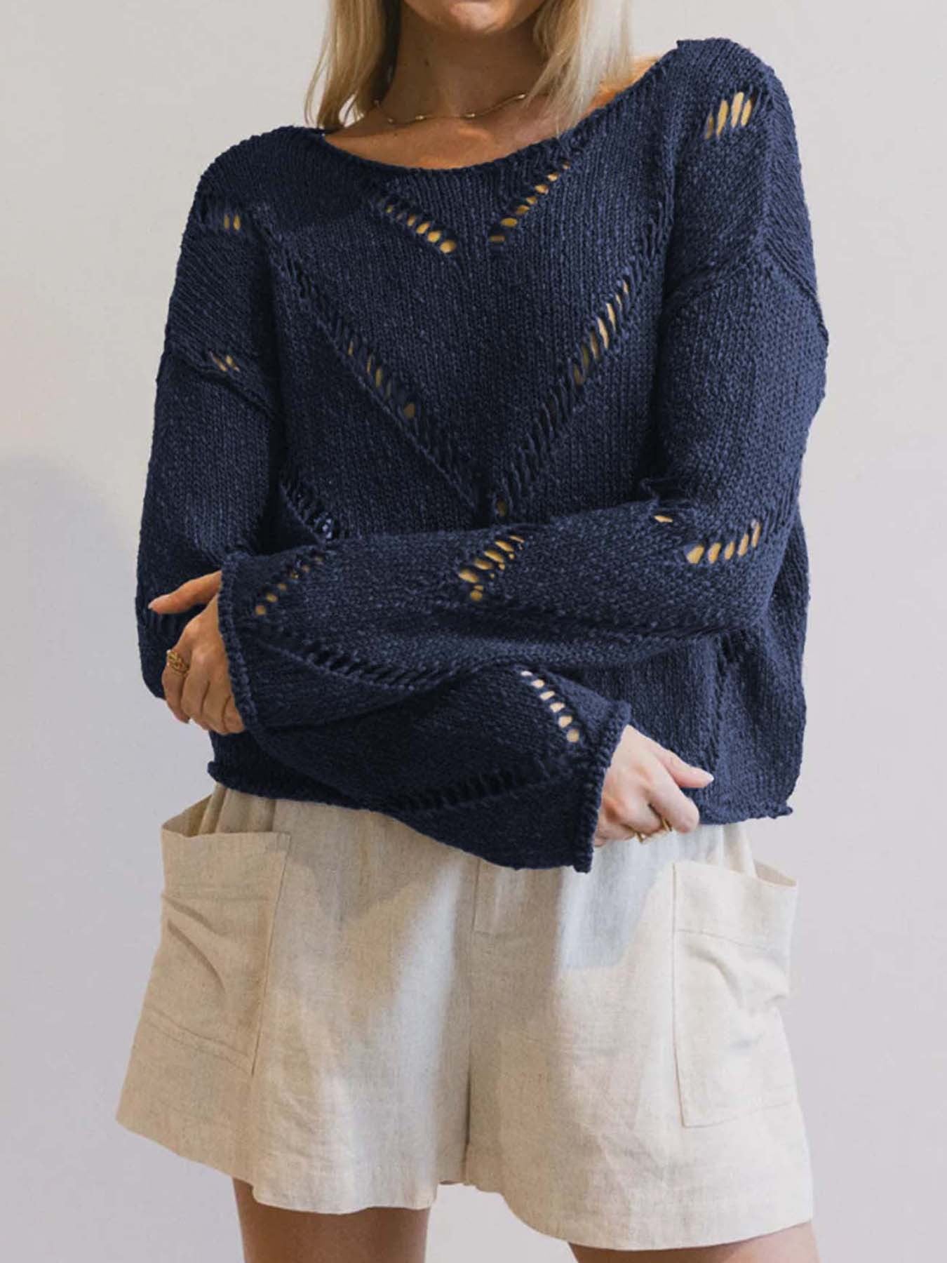 Solid Color Idle Style Hollow-out Thin Sweater Sweater For Women