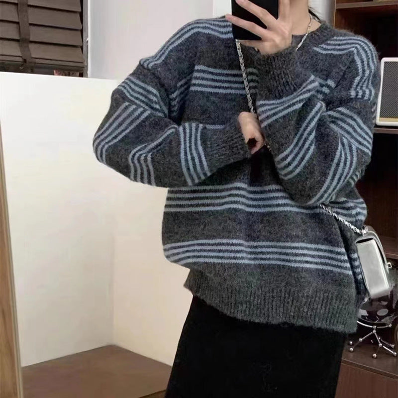 Outer Wear Inner Wear Idle Style Round Neck Long Sleeve Top Stripes