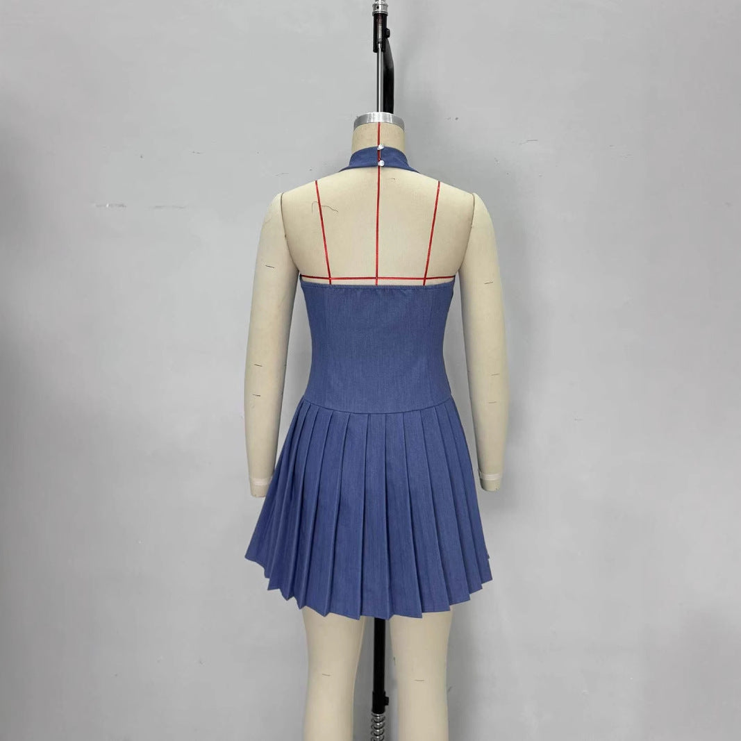 Womens Sleeveless Halterneck Pleated Mini Dress