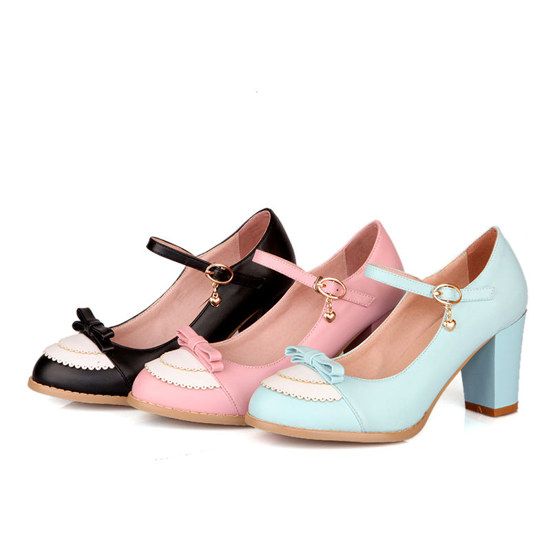 Bowknot Buckle Thick High Heeled Shoes Women's Shoes