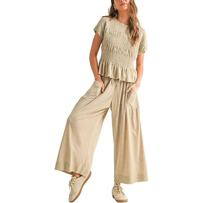 European And American Womens Fashion Elastic-waist Pleated High-waist Wide-leg Pants