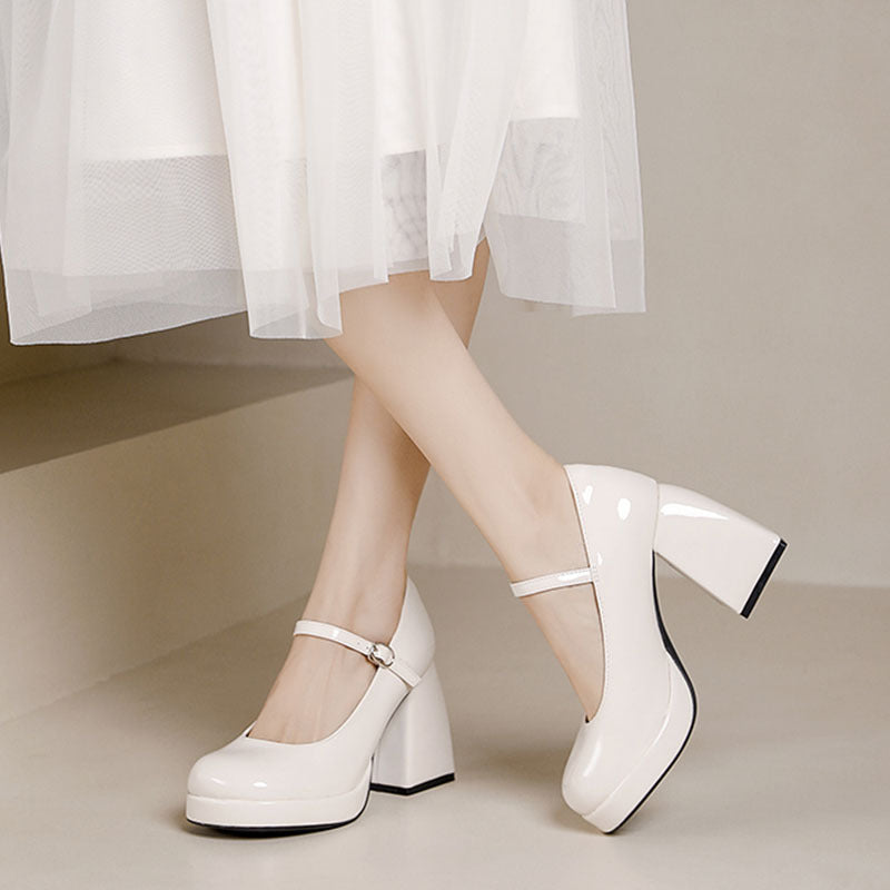 Waterproof Platform Buckle High Heel Women's Chunky Heel Shoes