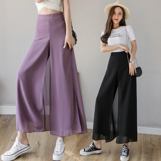 High Waist Slim Fashionable Ice Chiffon Broad Leg Pants Female
