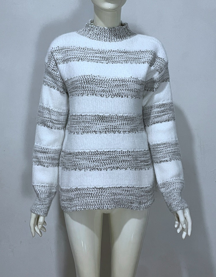 Embroidered Jacquard Pullover Loose Bottoming Shirt Mock Neck Sweater Coat